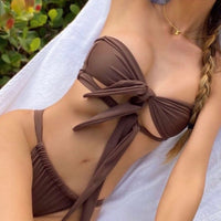 Hollow Out Bikini Solid Color Swimsuit Women Bandage Bikini Set